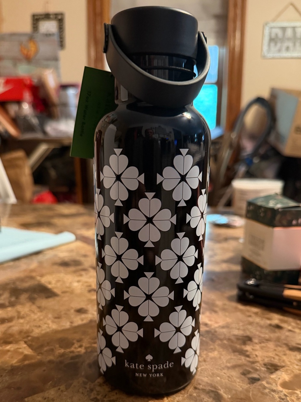 kate spade ♠️ Black Bottle with White Floral Clover Print NWT